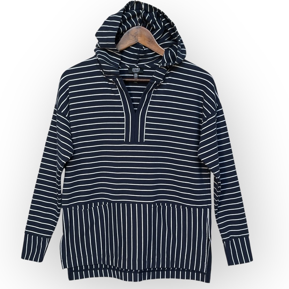 Jones New York Signature Navy White Striped Hoodie V-Neck Pullover XS RN123475